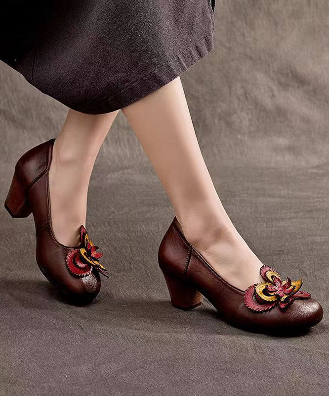 Original Handmade Retro Coffee Floral Chunky Heel