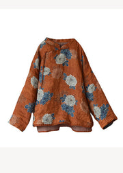 Original Orange Print Stand Collar Patchwork Fine Cotton Filled Coats Winter