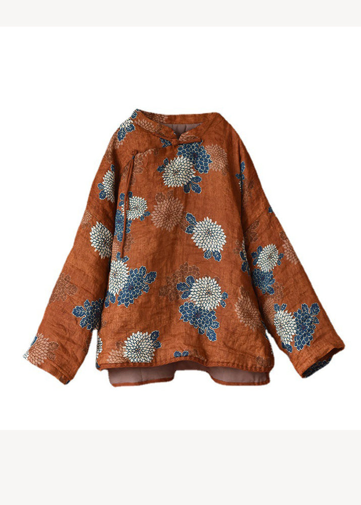 Original Orange Print Stand Collar Patchwork Fine Cotton Filled Coats Winter