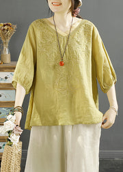 Original Orange V Neck Embroidered Tulle Patchwork Linen Top Summer