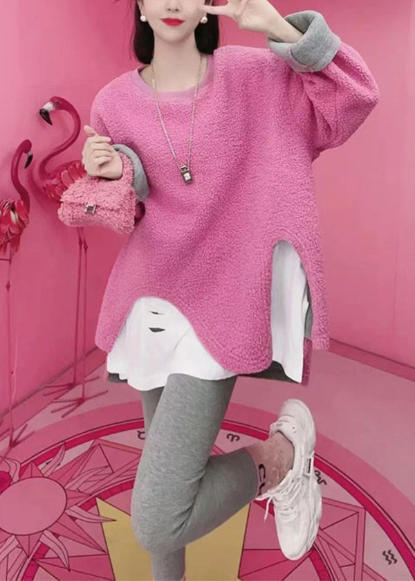 Original Pink Asymmetrical False Two Pieces Faux Fur Warm Fleece Tops Fall