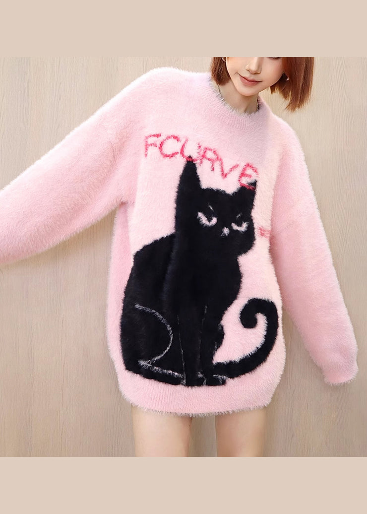 Original Pink O Neck Cat Mink Hair Knitted Pullover Tops Spring