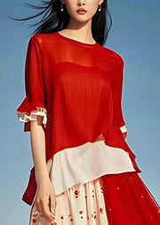 Original Red O Neck Print Chiffon Long Dress Half Sleeve