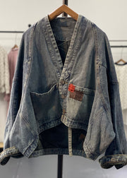 Original Retro Blue Asymmetrical Patch Bat Sleeve Denim Coats