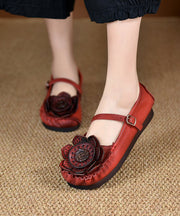 Original Retro Red Floral Soft Sole Cowhide Leather Flats Shoes