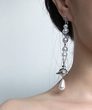 Original Silk Sterling Silver Pearl Asymmetric Saturn Drop Earrings