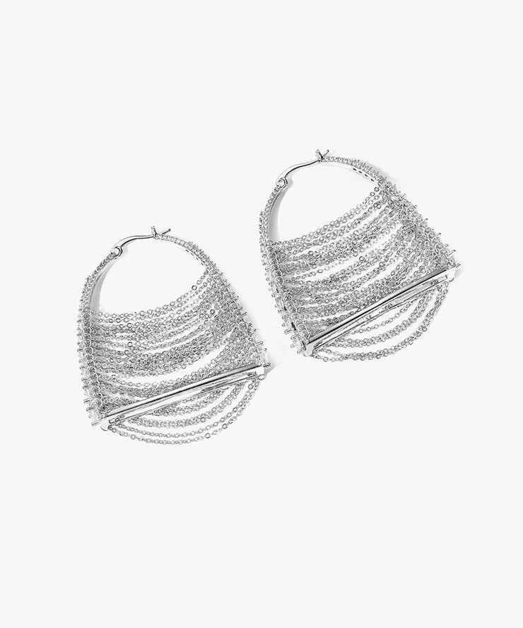 Original Silk Sterling Silver Zircon Chain Bag Hoop Earrings