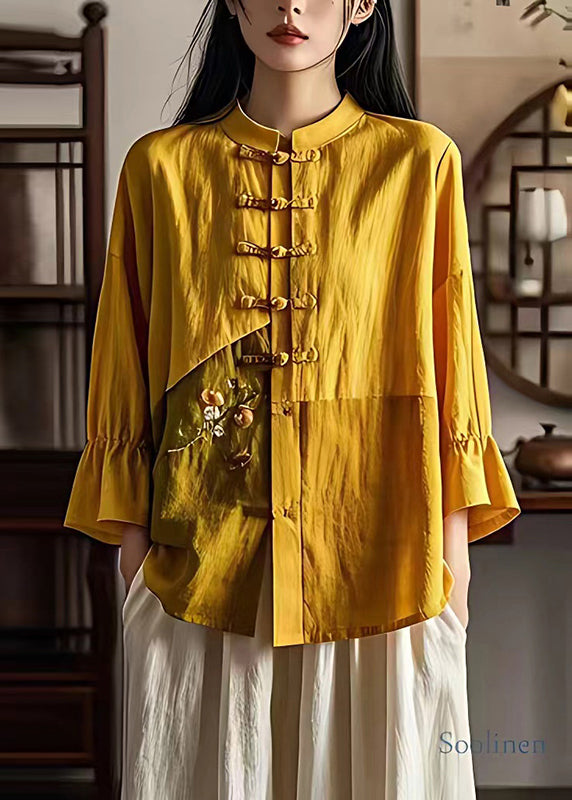 Original Yellow Print Patchwork Chinese Button Linen Top Summer