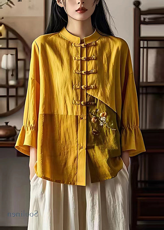 Original Yellow Print Patchwork Chinese Button Linen Top Summer