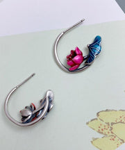 Oversize Blue Sterling Silver Cloisonne Lotus Hoop Earrings