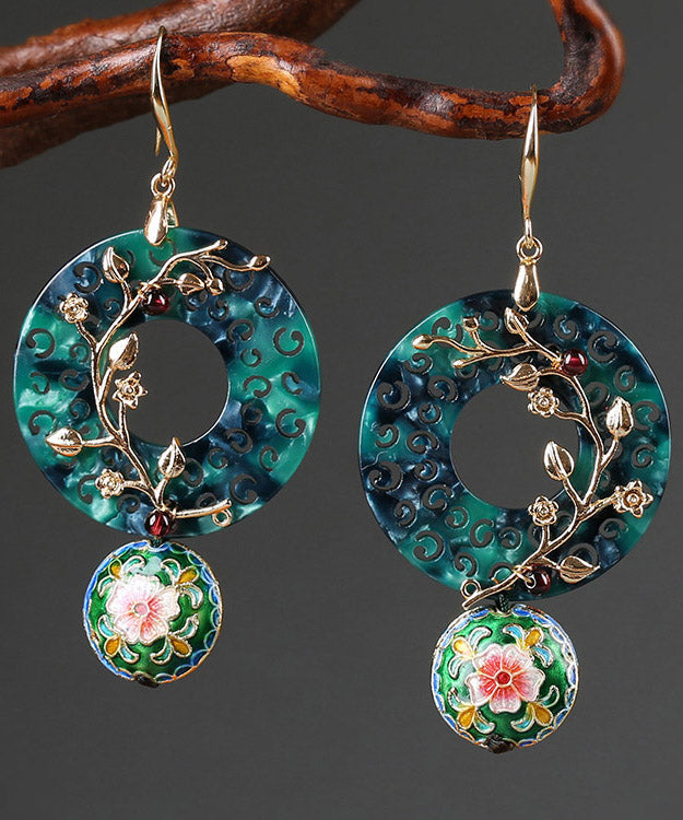 Oversize Green Copper Cloisonne Gem Stone Flower Drop Earrings