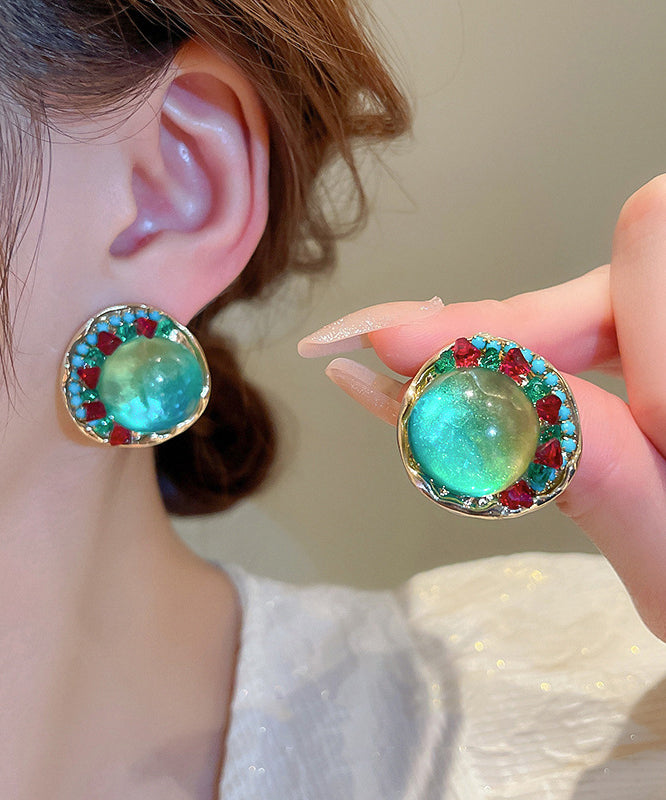 Oversize Green Sterling Silver Alloy Zircon Round Coloured Glaze Stud Earrings