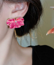 Oversize Pink Copper Zircon Floral Oil Drip Stud Earrings