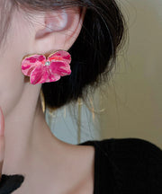 Oversize Pink Copper Zircon Floral Oil Drip Stud Earrings