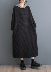 Oversized Black Hooded Fine Cotton Filled Long Dresses Winter