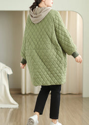 Oversized Green Hooded Pockets Fine Cotton Filled Coat Winter