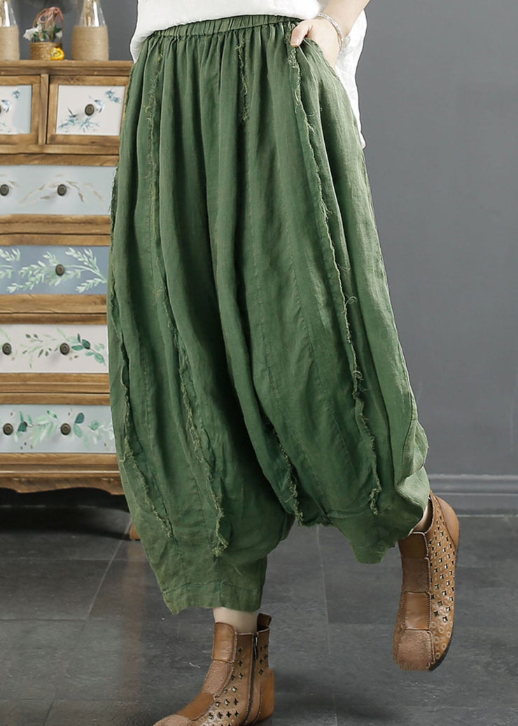 Oversized Green Pockets Wrinkled Patchwork Linen Harem Pants Summer