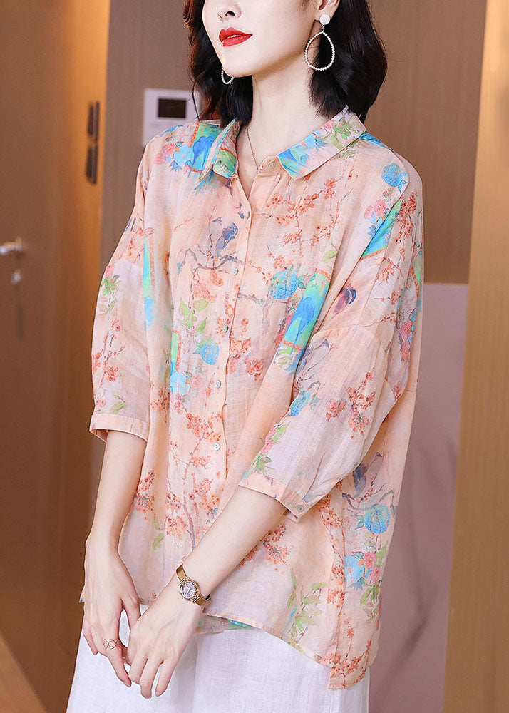 Oversized Pink Peter Pan Collar Print Patchwork Linen Shirt Tops Summer