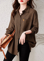 Oversized blue Plaid Peter Pan Collar Pockets Patchwork Cotton Shirts Long Sleeve