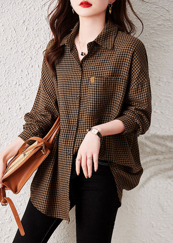 Oversized purple Plaid Peter Pan Collar Pockets Patchwork Cotton Shirts Long Sleeve