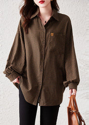 Oversized purple Plaid Peter Pan Collar Pockets Patchwork Cotton Shirts Long Sleeve