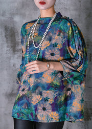 Peacock Blue Tie Dye Chiffon Shirt Top Lantern Sleeve