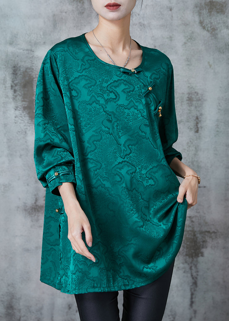 Peacock Green Print Silk Tops Chinese Button Summer