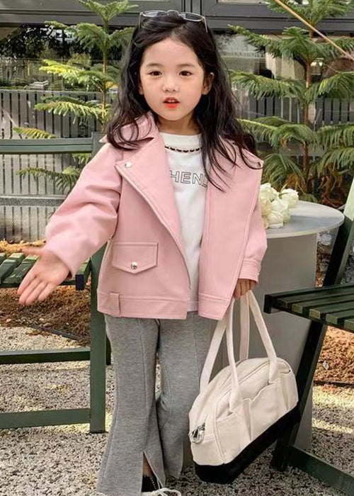 Pink Button Patchwork Faux Leather Girls Coats Zip Up Long Sleeve