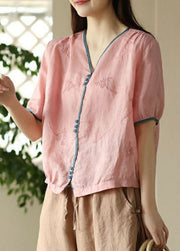 Pink Button Patchwork Linen Shirt Top Embroideried Summer