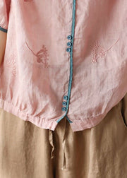 Pink Button Patchwork Linen Shirt Top Embroideried Summer