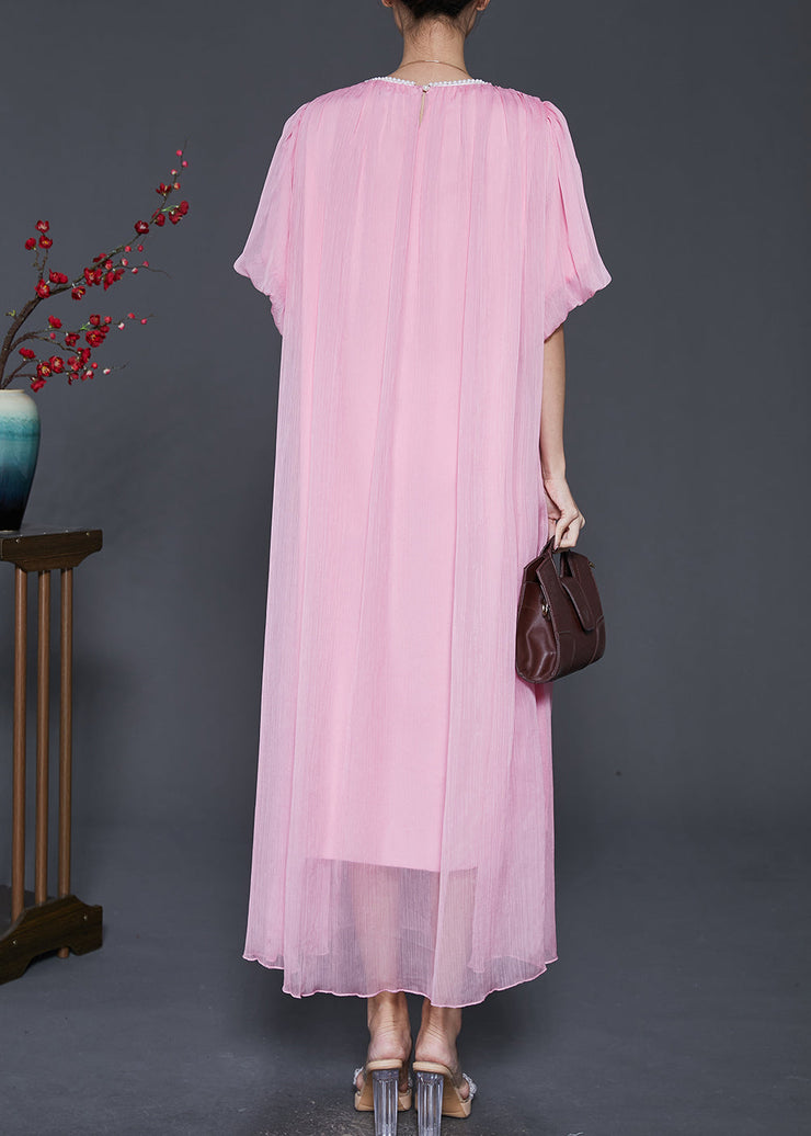 Pink Chiffon Maxi Dress Exra Large Hem Nail Bead Lantern Sleeve