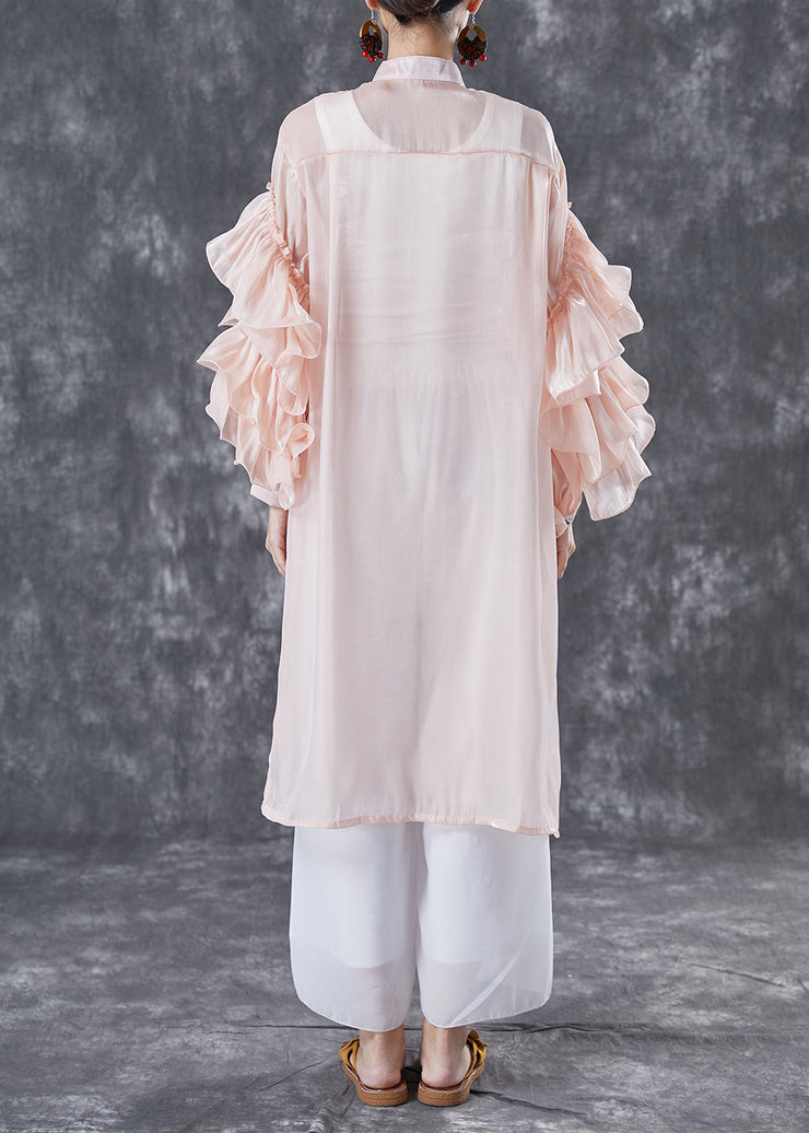 Pink Chiffon UPF 50+ Long Shirt Stand Collar Oversized Petal Sleeve