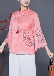 Pink Chinese Style Silk Blouses Embroideried Chinese Button Flare Sleeve