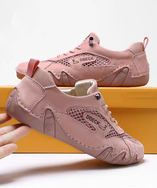 Pink Cowhide Leather Breathable Mesh Cross Strap Splicing Flats