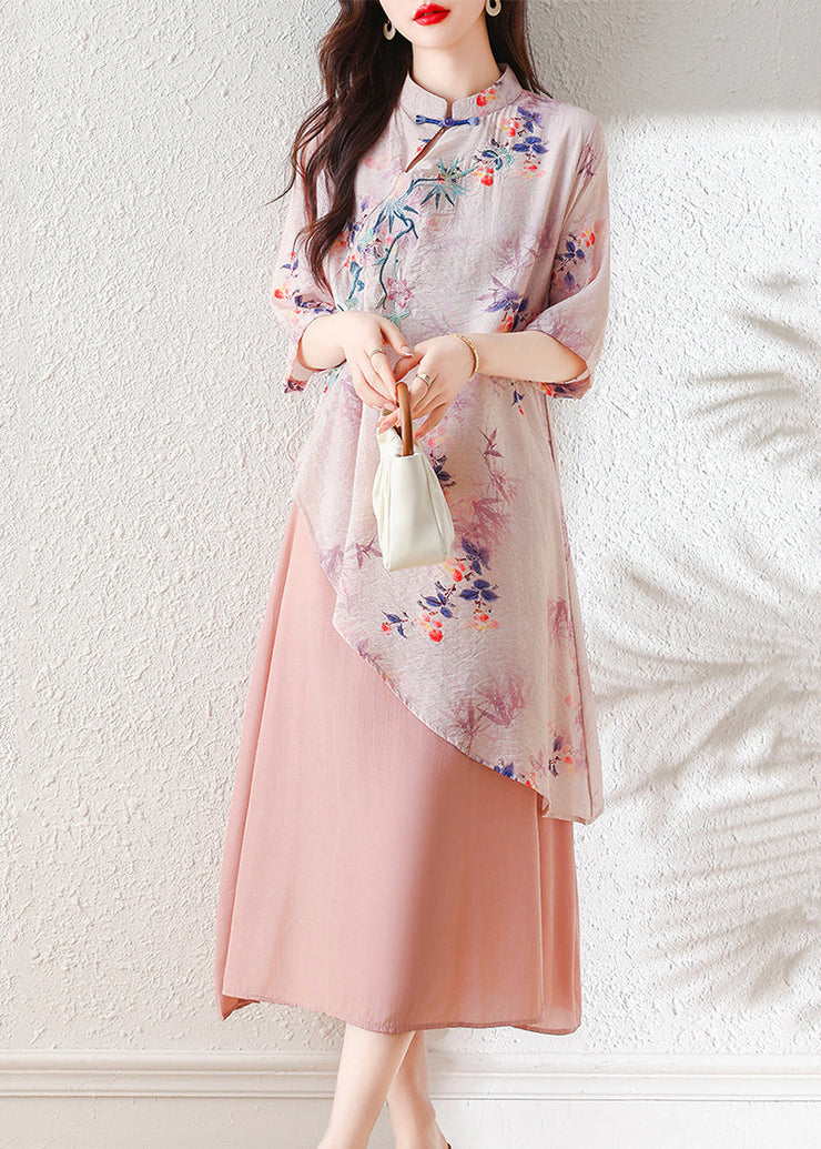 Pink Embroidered Patchwork Linen Dress Asymmetrical Summer