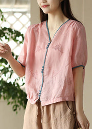 Pink Embroideried Patchwork Ramie Shirts Short Sleeve