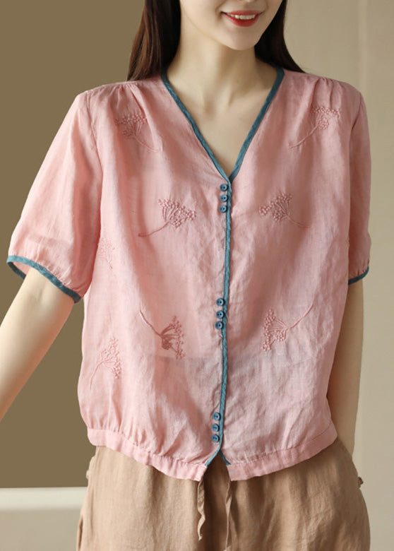 Pink Embroideried Patchwork Ramie Shirts Short Sleeve