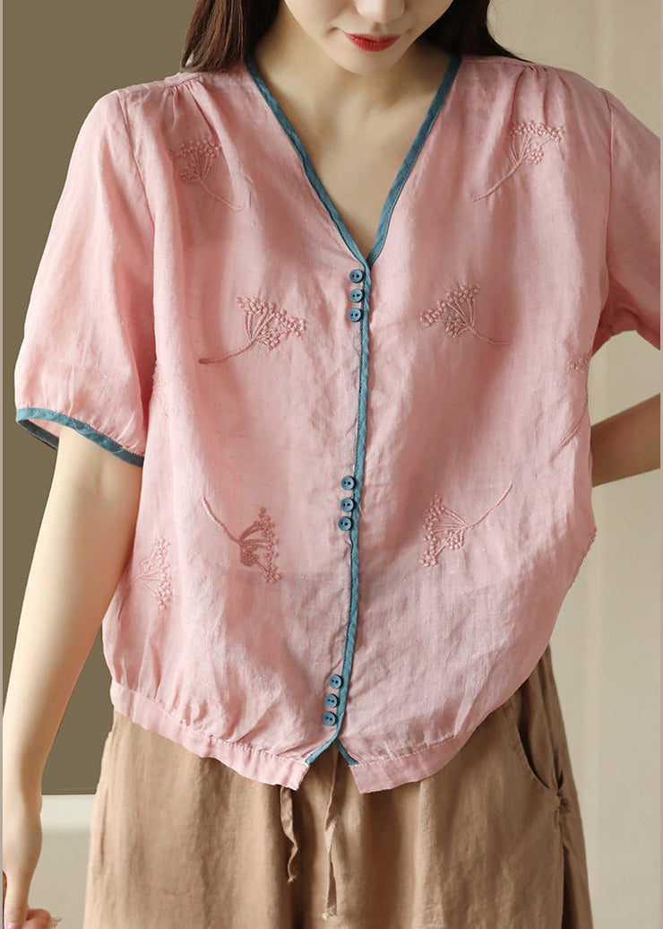 Pink Embroideried Patchwork Ramie Shirts Short Sleeve