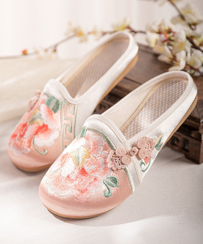 Pink Embroideried Slide Sandals Handmade Splicing Cotton Fabric