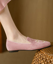 Pink Embroidery Suede Flat Shoes For Women Retro