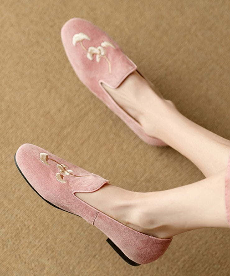 Pink Embroidery Suede Flat Shoes For Women Retro