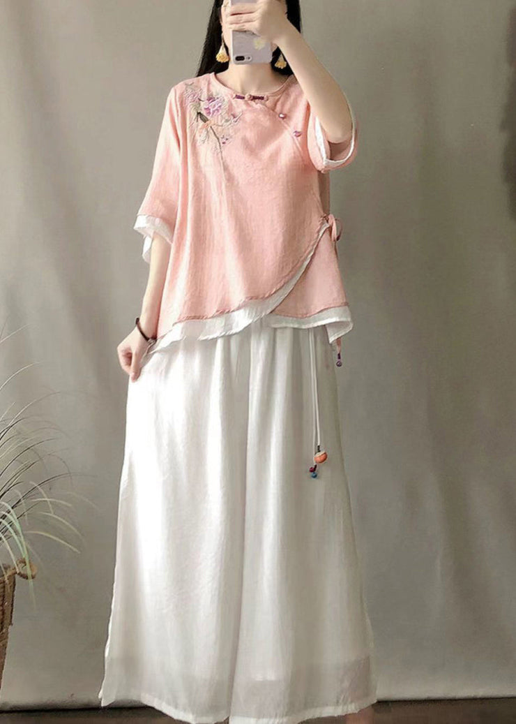 Pink Fake Two Piece Linen Blouses Embroideried Chinese Button Summer