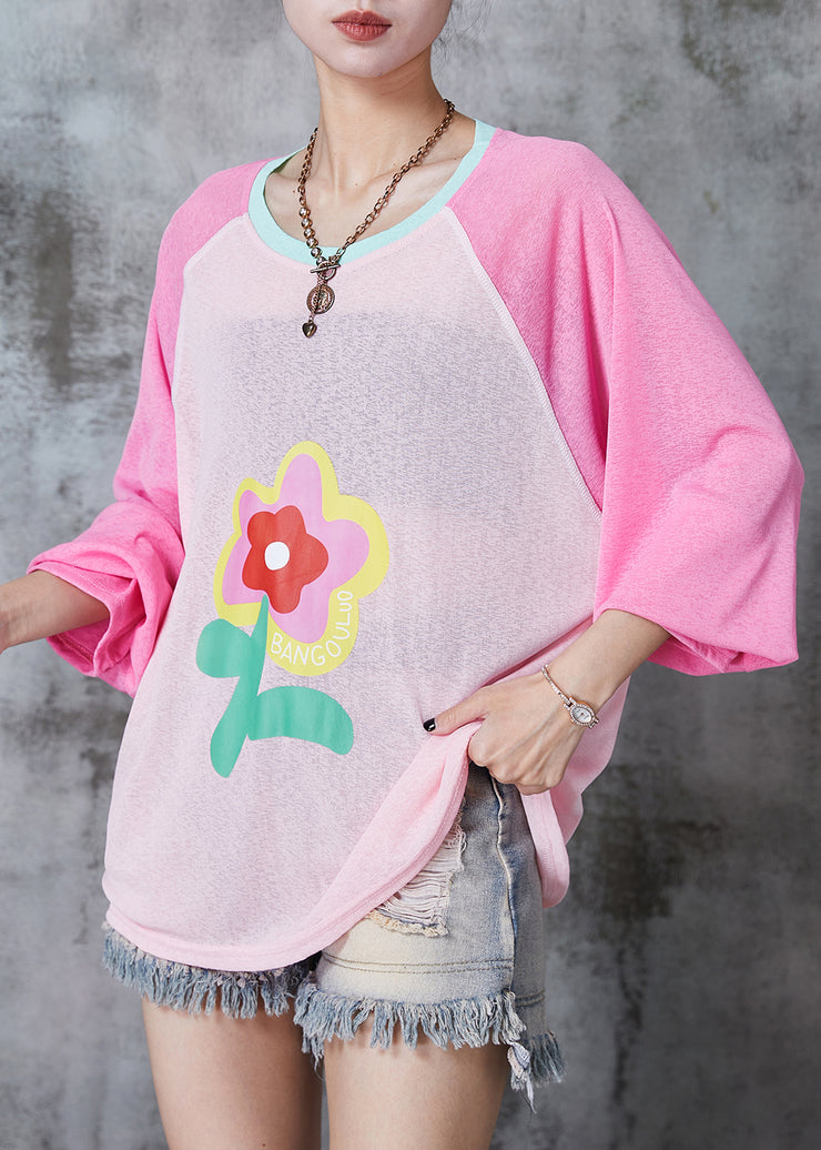 Pink Floral Cotton UPF 50+ Shirt Tops Oversized Summer