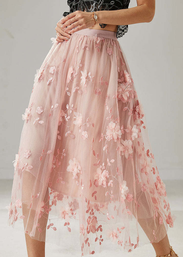 Pink Floral Tulle Beach Skirts Embroidered Summer