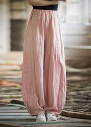 Pink High Waist Linen Wide Leg Pants Pockets