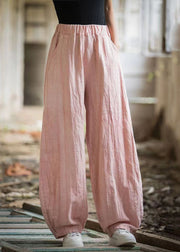 Pink High Waist Linen Wide Leg Pants Pockets