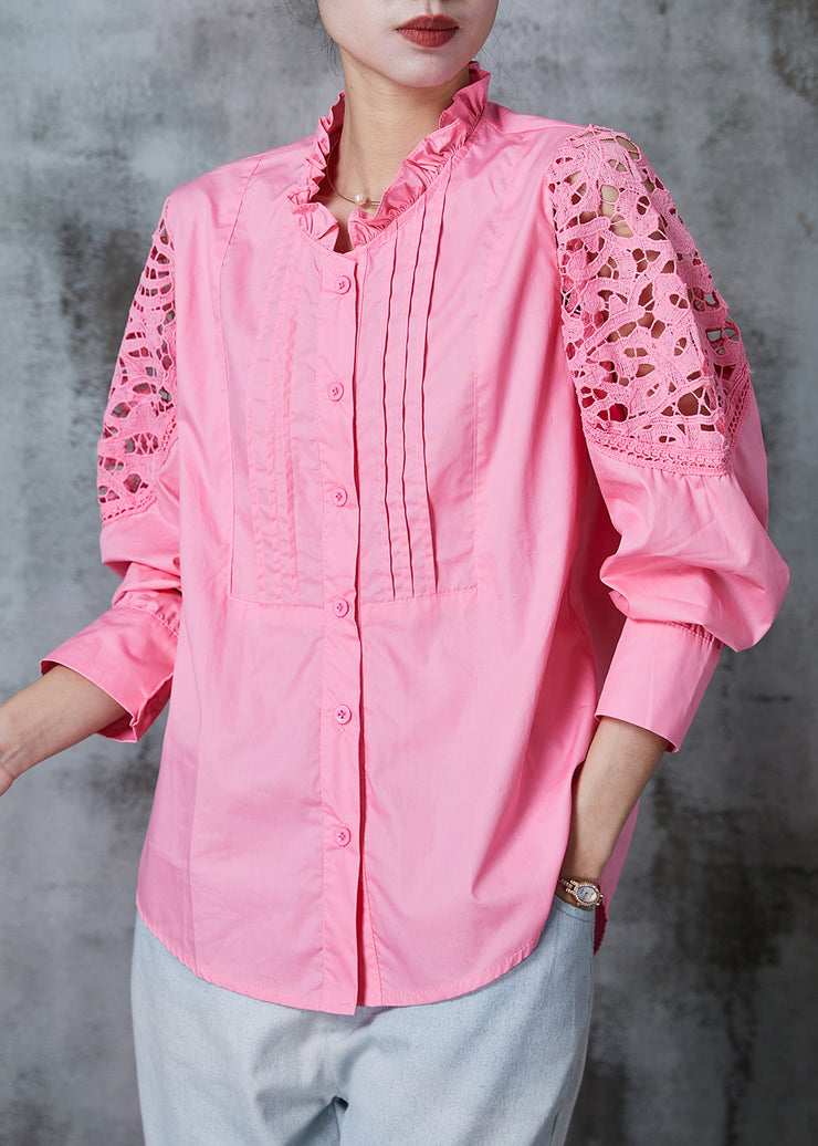 Pink Hollow Out Cotton Shirt Top Ruffled Summer