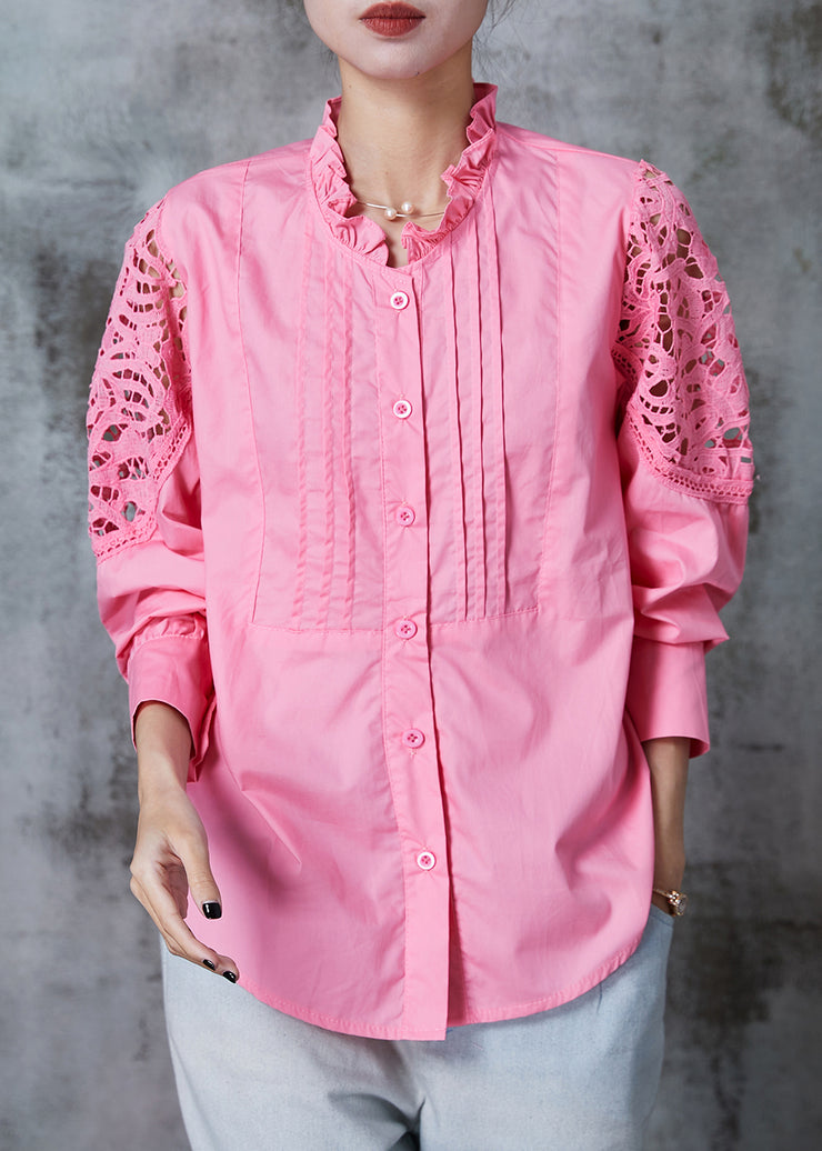 Pink Hollow Out Cotton Shirt Top Ruffled Summer