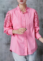 Pink Hollow Out Cotton Shirt Top Ruffled Summer