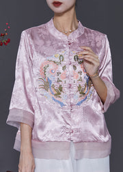 Pink Jacquard Silk Chinese Style Shirt Top Embroidered Spring